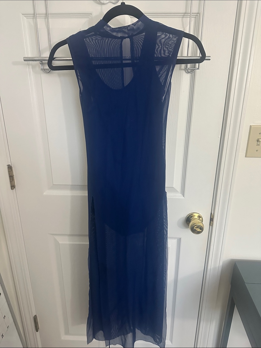 Contemporary/ Lyrical solo costume. Navy Sheer Maxi Dress with navy leotard.